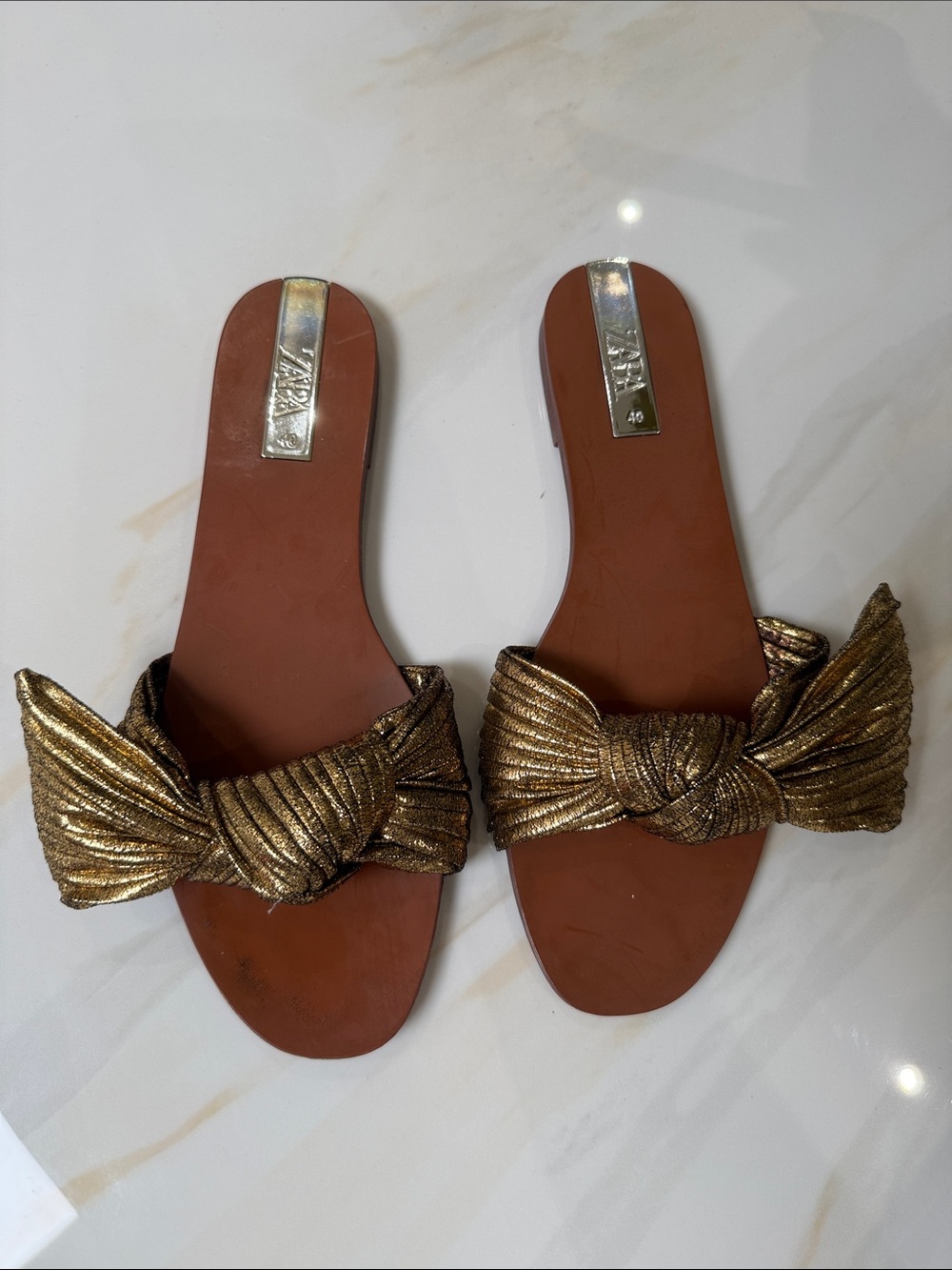 Zara Metallic Gold Knot-Detail Slide Sandals